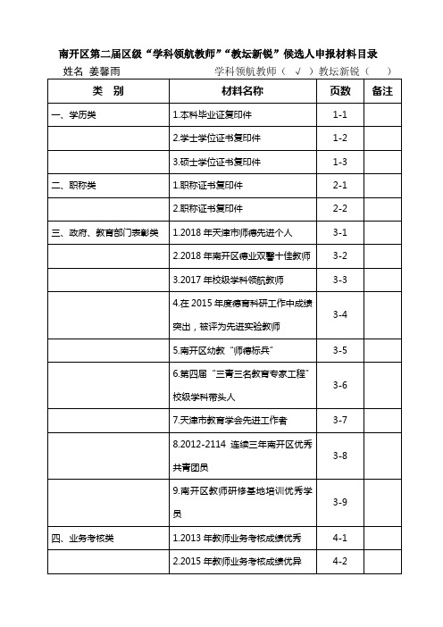 南开区“学科领航教师”“教坛新锐”候选人申报材料目录+姜馨雨2