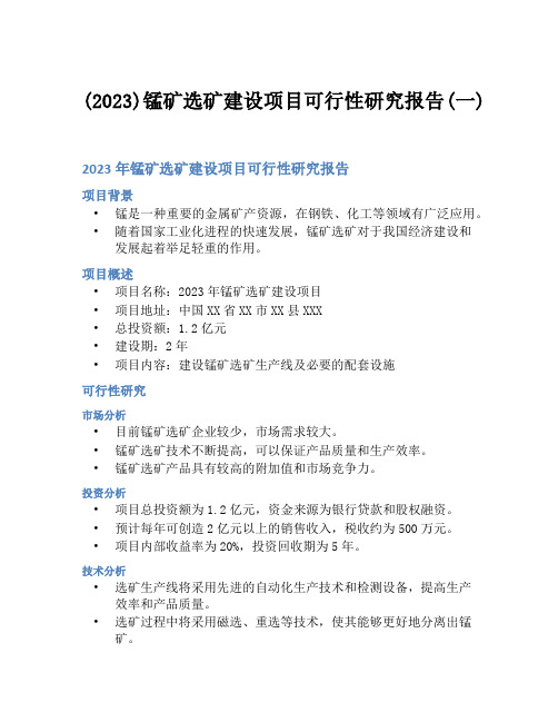 (2023)锰矿选矿建设项目可行性研究报告(一)