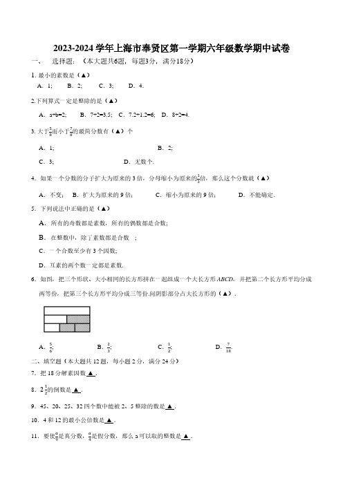 2023-2024学年上海市奉贤区六年级第一学期期中数学试卷及参考答案