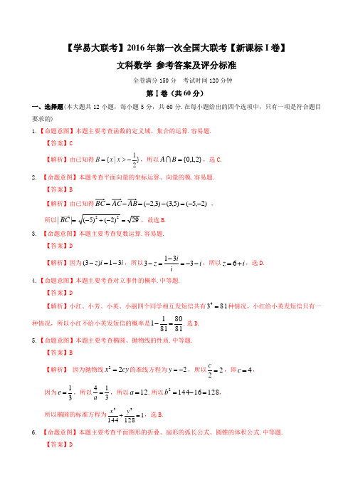 2016年第一次全国大联考【新课标I卷】文科数学（答案及评分标准）.doc