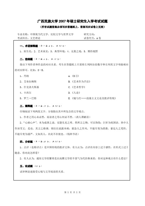 广西民族大学文学理论2008—2019缺2013、2014年考研真题试题