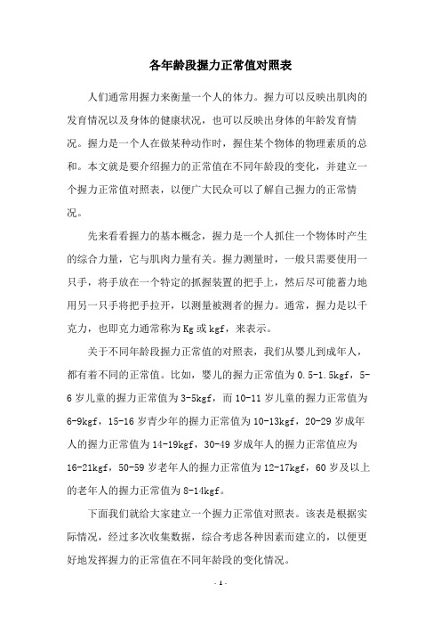 各年龄段握力正常值对照表