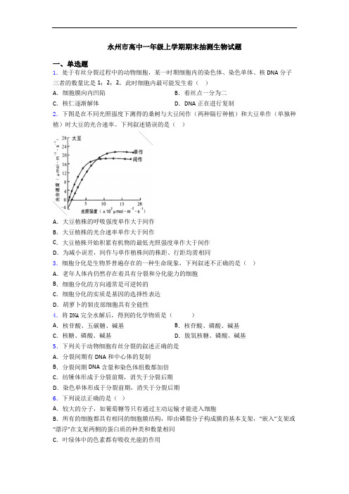 永州市高中一年级上学期期末抽测生物试题