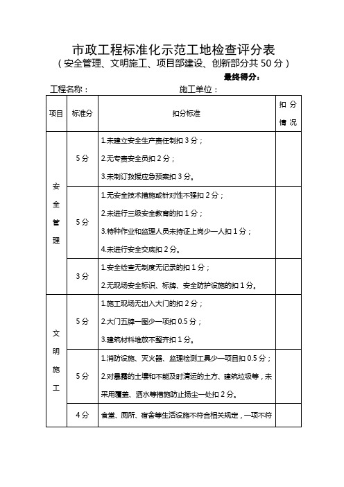 市政工程标准化示范工地检查评分表