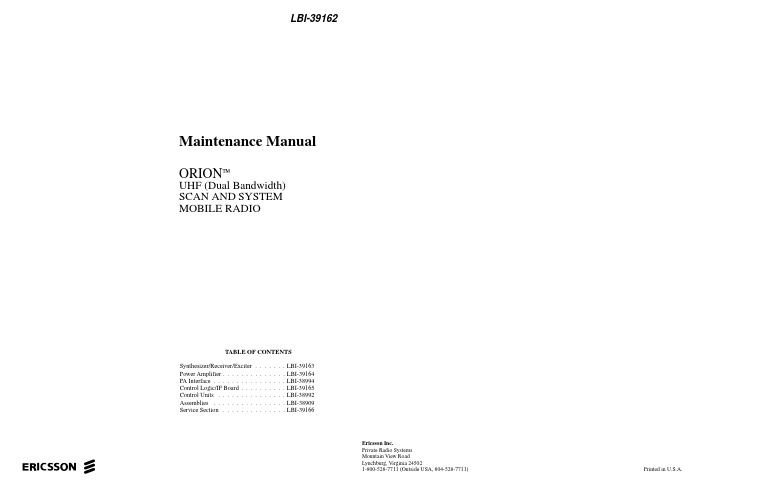 Ericsson ORION UHF 双频扫描移动无线电设备说明书