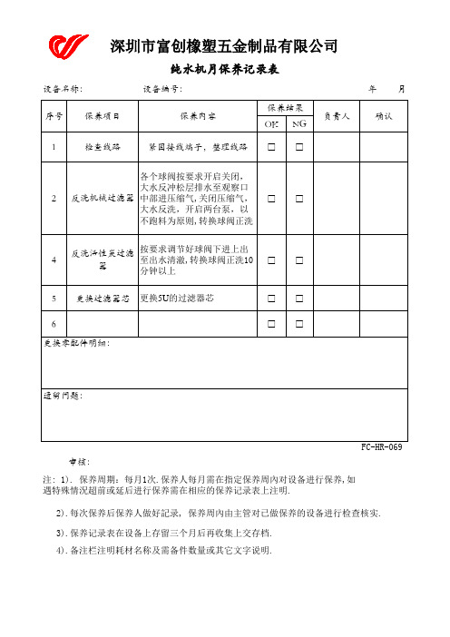 纯水机月保养记录表