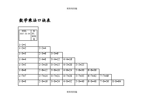 数学乘法口诀表之欧阳地创编