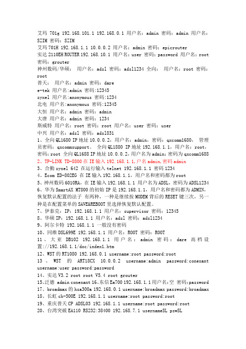 宽带路由器默认账户密码大全