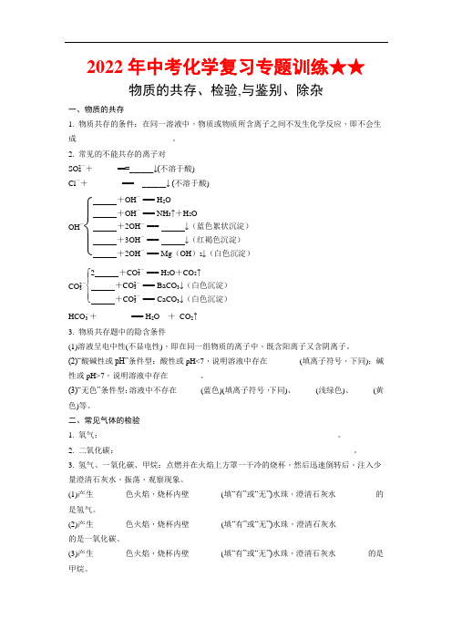 2022年中考化学复习专题训练★★物质的共存