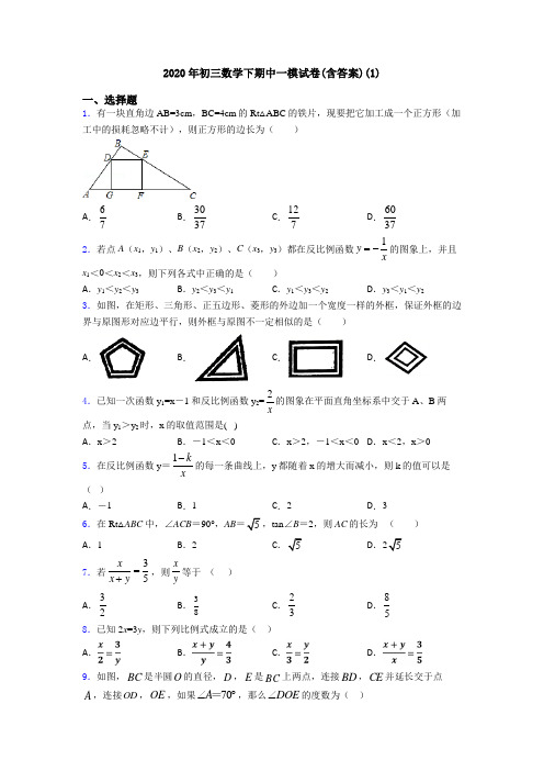 2020年初三数学下期中一模试卷(含答案)(1)