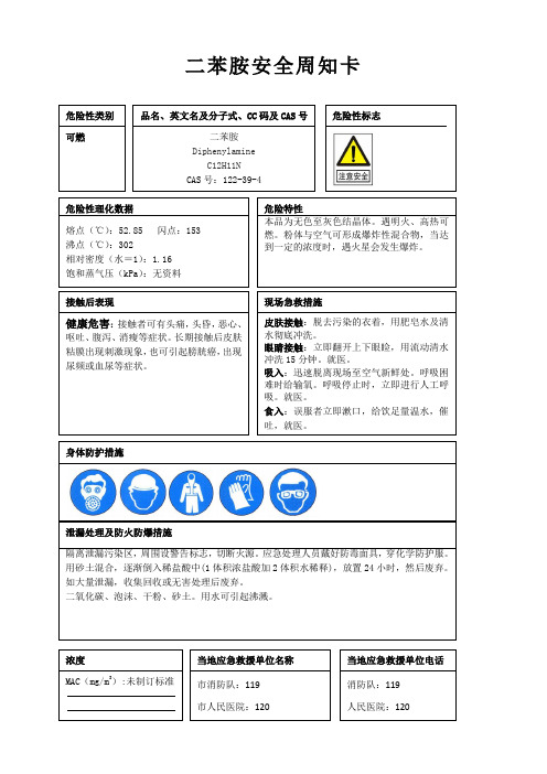 二苯胺安全周知卡、职业危害告知卡、理化特性表