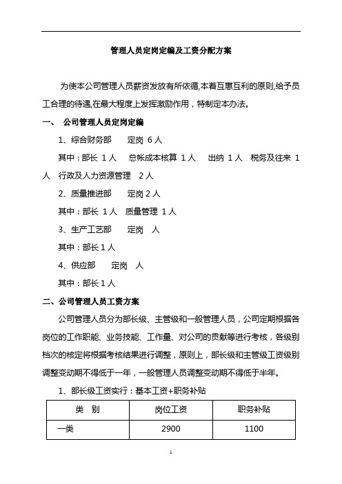 公司管理人员定岗定编及工资分配方案