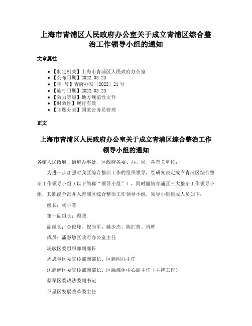 上海市青浦区人民政府办公室关于成立青浦区综合整治工作领导小组的通知