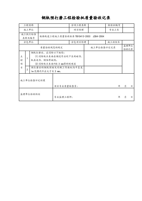 钢轨预打磨工程检验批质量验收记录