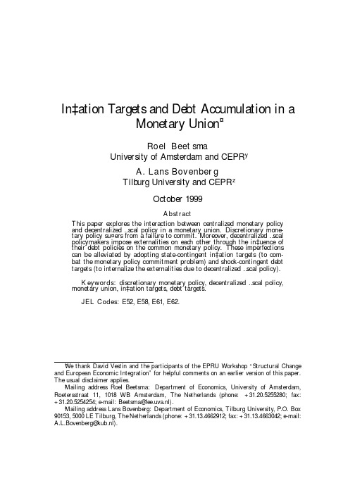 Ination Targets and Debt Accumulation in a Monetary Union ¤