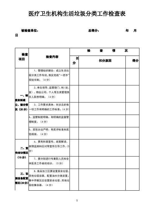 医疗卫生机构生活垃圾分类工作检查表自查表