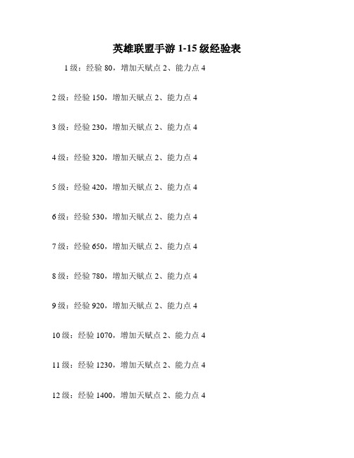 英雄联盟手游1-15级经验表