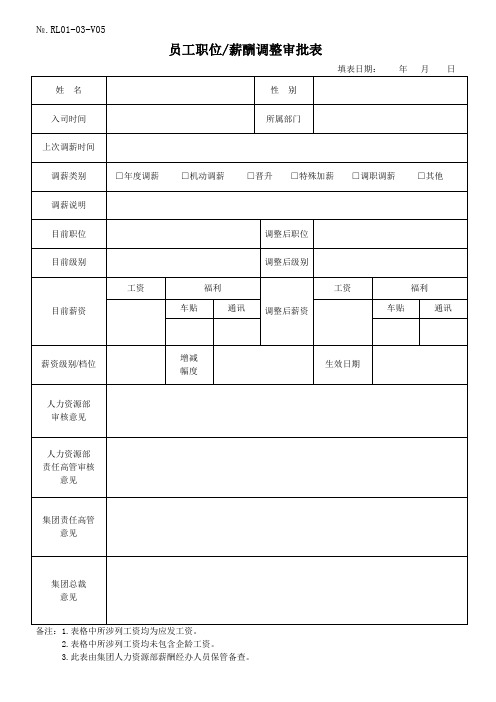 员工职位薪酬调整审批表