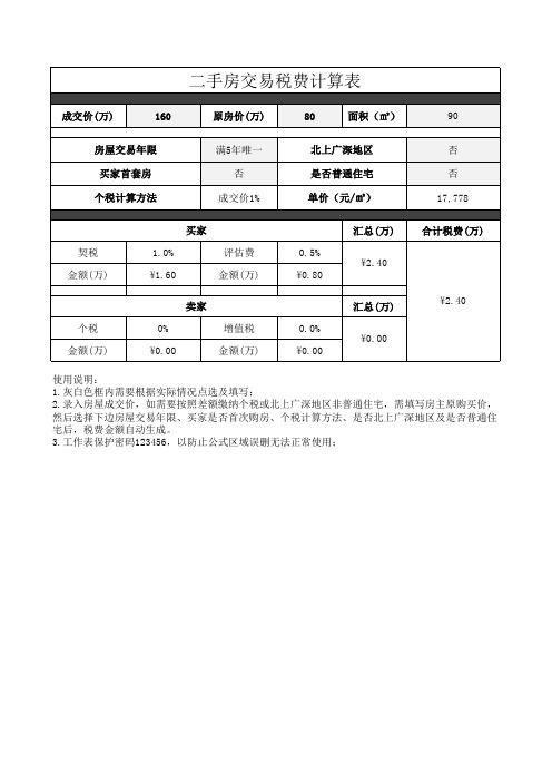 二手房交易税费计算表Excel模板