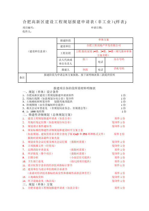 合肥高新区建设工程规划报建申请表-合肥高新技术产业开发区