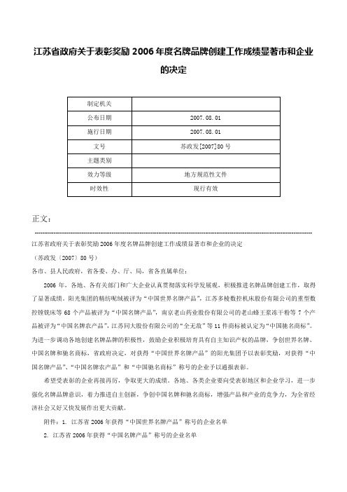 江苏省政府关于表彰奖励2006年度名牌品牌创建工作成绩显著市和企业的决定-苏政发[2007]80号