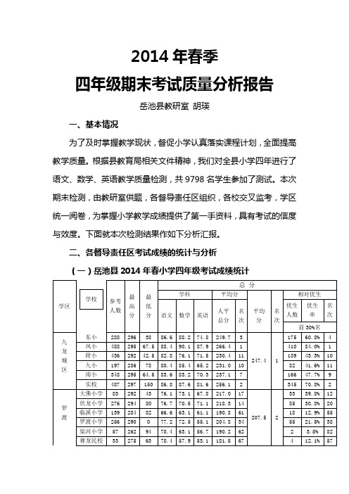 2014年春季四年级期末考试质量分析报告