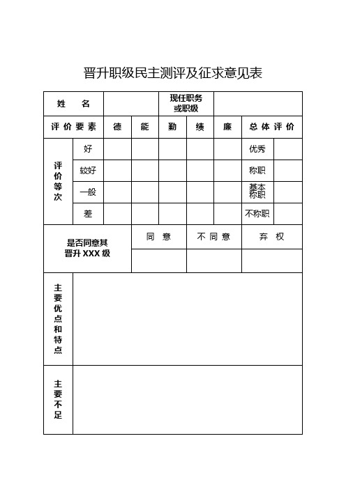 晋升职级民主测评及征求意见表