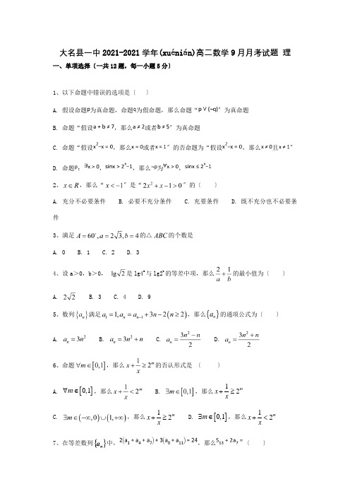 高二数学9月月考试题 理 试题 2(共11页)