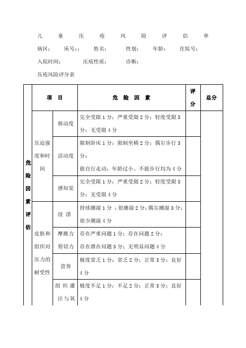 儿童压疮风险评估单