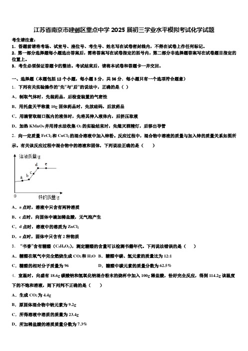 江苏省南京市建邺区重点中学2025届初三学业水平模拟考试化学试题含解析