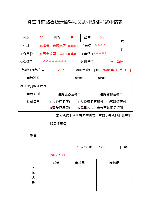 经营性道路客货运输驾驶员从业资格考试申请表【模板】