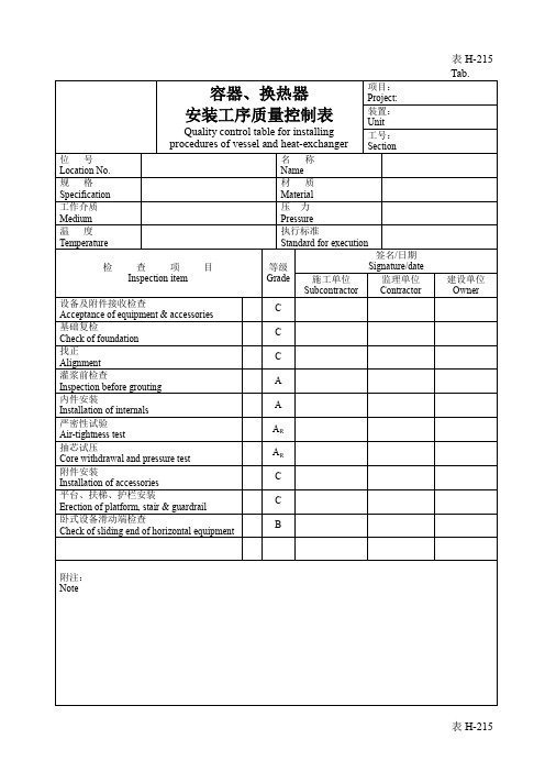 表H-215容器、换热器安装工序质量控质表