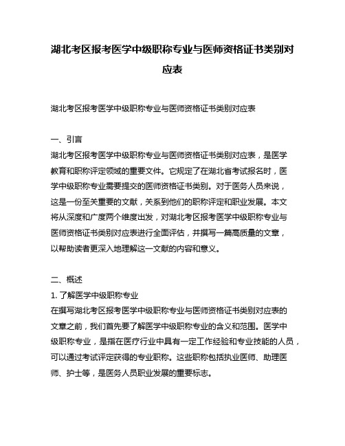 湖北考区报考医学中级职称专业与医师资格证书类别对应表