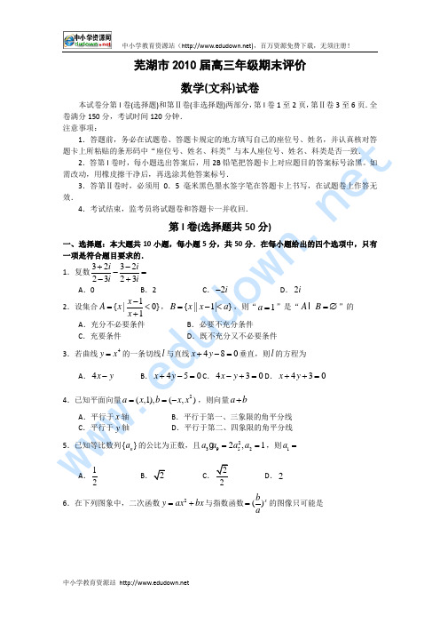 2010年4月安徽省芜湖市高三一模数学文科试卷(附答案)