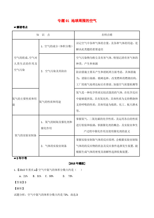 2年中考1年模拟中考化学 专题01 地球周围的空气试题(