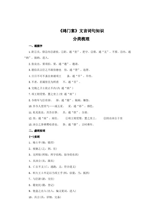 《鸿门宴》文言词句知识分类梳理