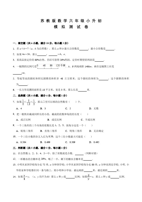 苏教版六年级下学期小升初数学考试题(含答案)