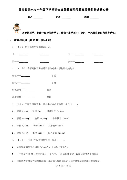 甘肃省天水市六年级下学期语文义务教育阶段教育质量监测试卷C卷