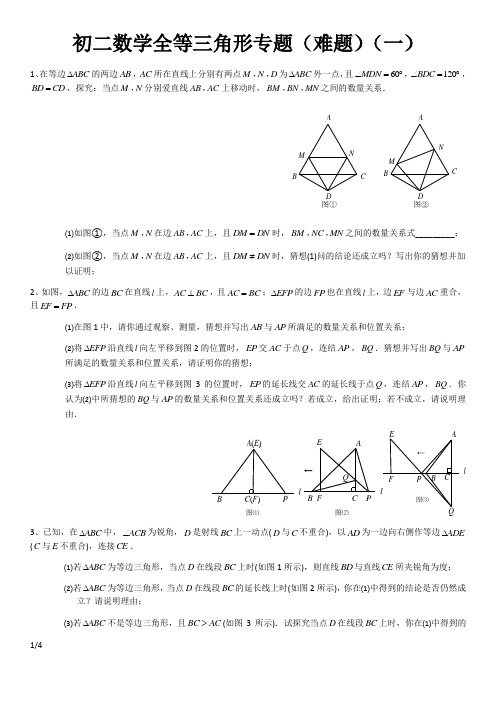 初二数学全等三角形专题难题