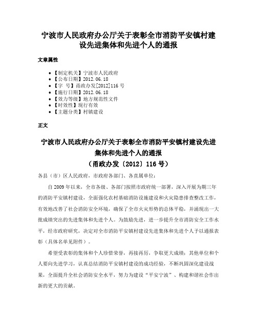 宁波市人民政府办公厅关于表彰全市消防平安镇村建设先进集体和先进个人的通报