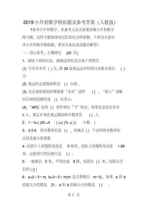 小升初数学模拟题及参考答案(人教版).pdf