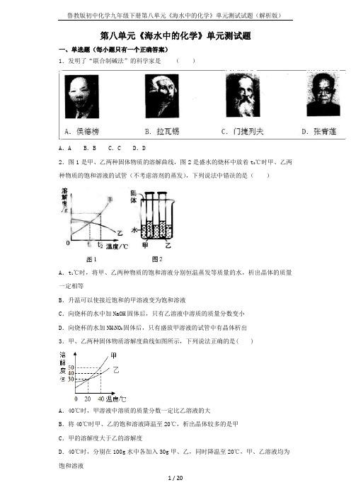 鲁教版初中化学九年级下册第八单元《海水中的化学》单元测试试题(解析版)