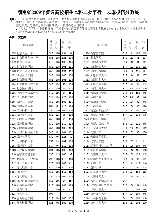 湖南省2009年普通高校招生本科二批平行一志愿投档分数线