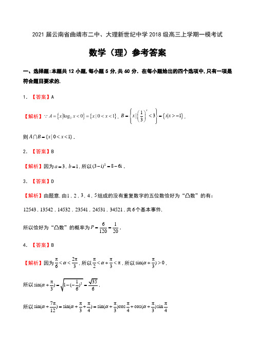 2021届云南省曲靖市二中、大理新世纪中学2018级高三上学期一模考试数学(理)试卷参考答案