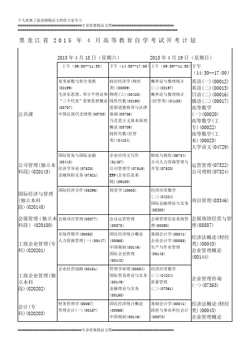 黑龙江省2015年4月高等教育自学考试开考计划1