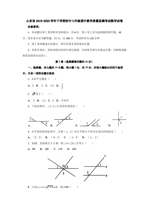 山东省2019-2020学年下学期初中七年级期中教学质量监测考试数学试卷1(含答案解析)