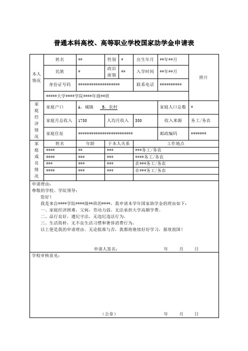 大学国家助学金申请表模版