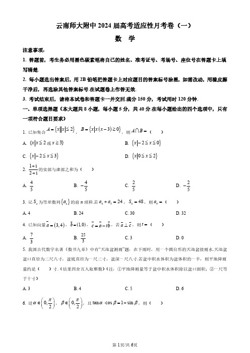 云南师大附中2024届高考适应性月考卷(一)数学(含解析版)