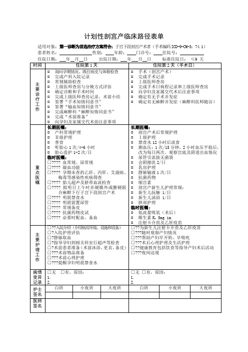 计划剖宫产临床路径及单病种管理表