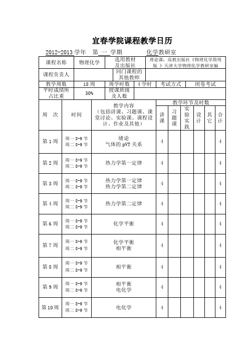 课程教学日历(物理化学简明版)